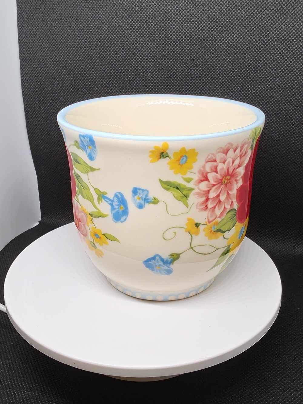 Ceramic Floral Teacup with Blue Handle - Cream/Red/Yellow - Picture 4 of 9